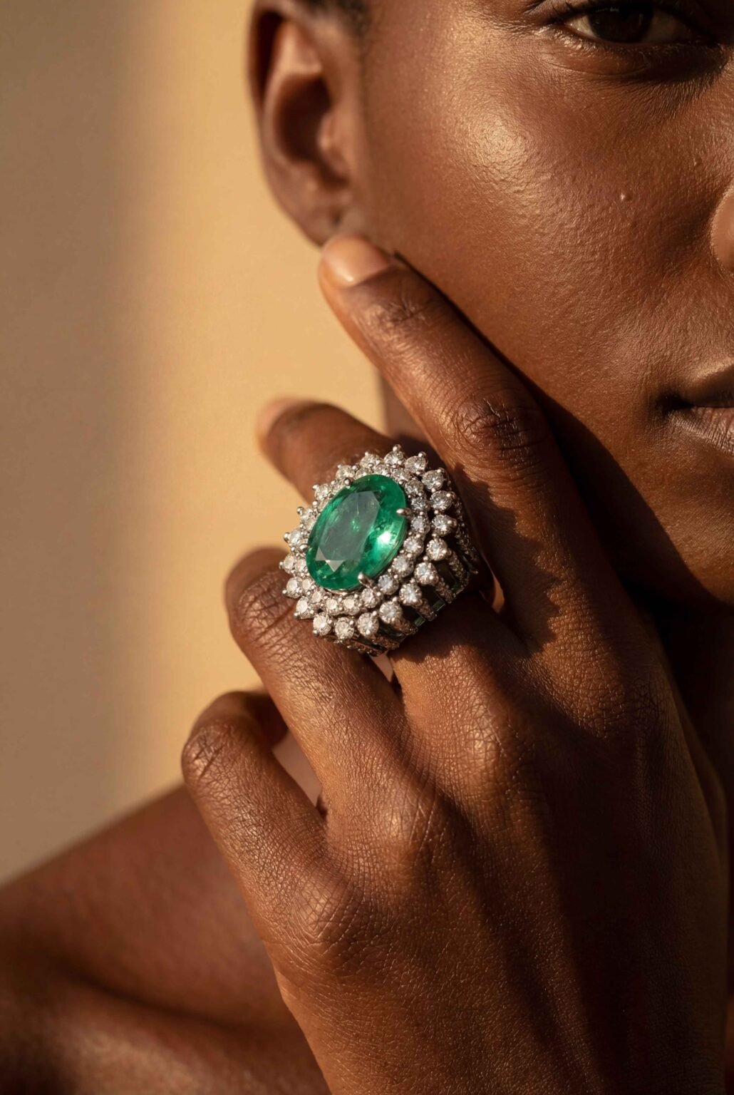 Anel em ouro branco 18k com Esmeralda Oval e brilhantes