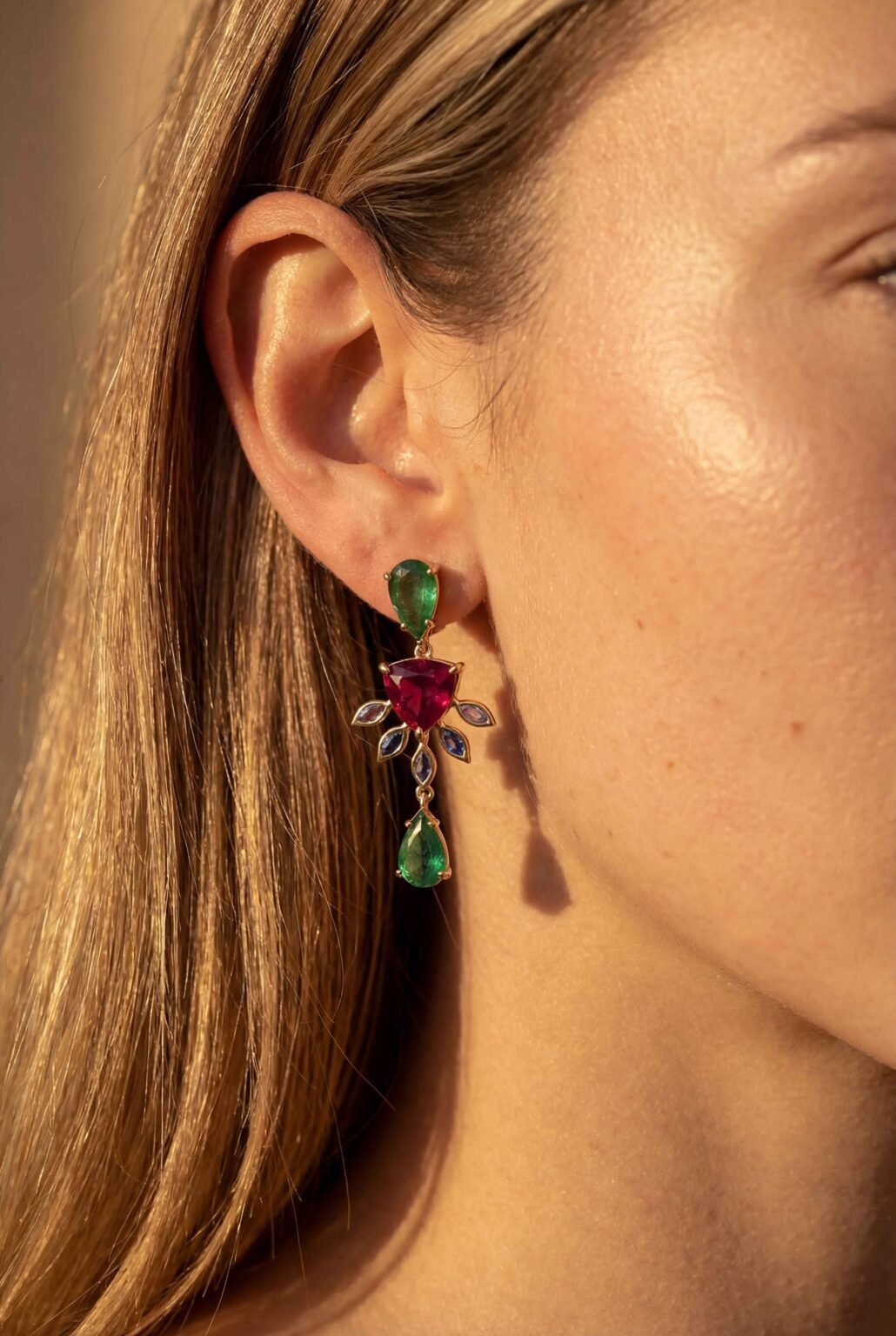 Brinco Pendente em ouro 18k com Rublita, Tanzanita e Esmeralda Gota