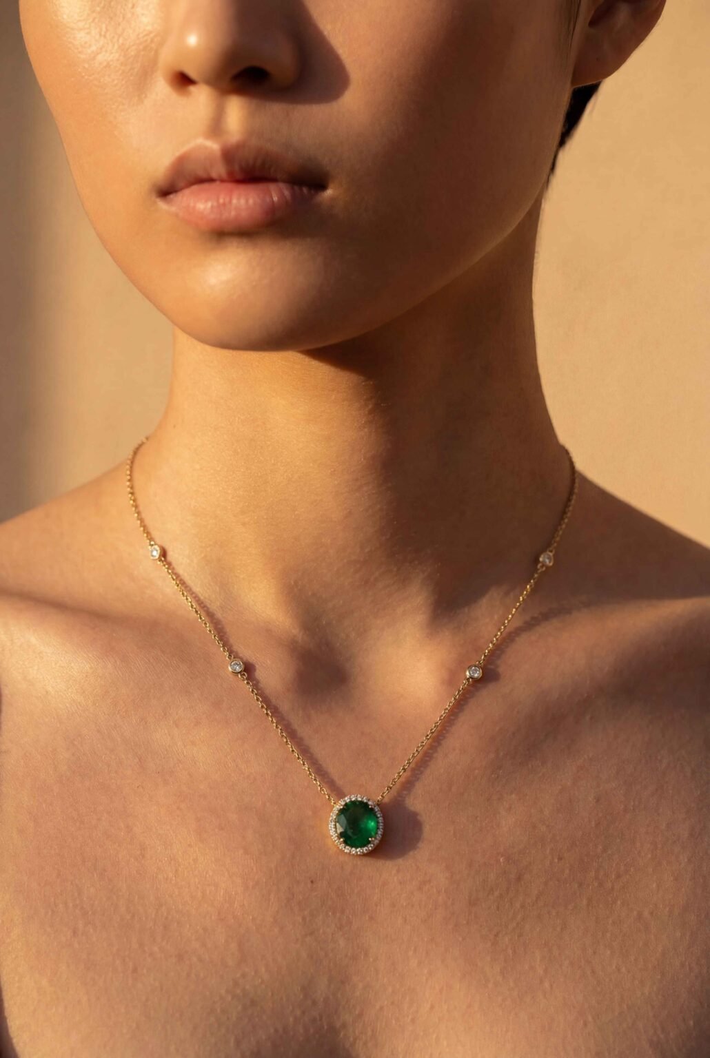 Colar em ouro 18k com Esmeralda Verde redonda e brilhantes